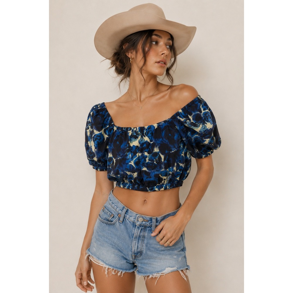 Floral Puff Sleeve Crop Top M Blue Cotton Square Neck Cottage Coastal Cowgirl